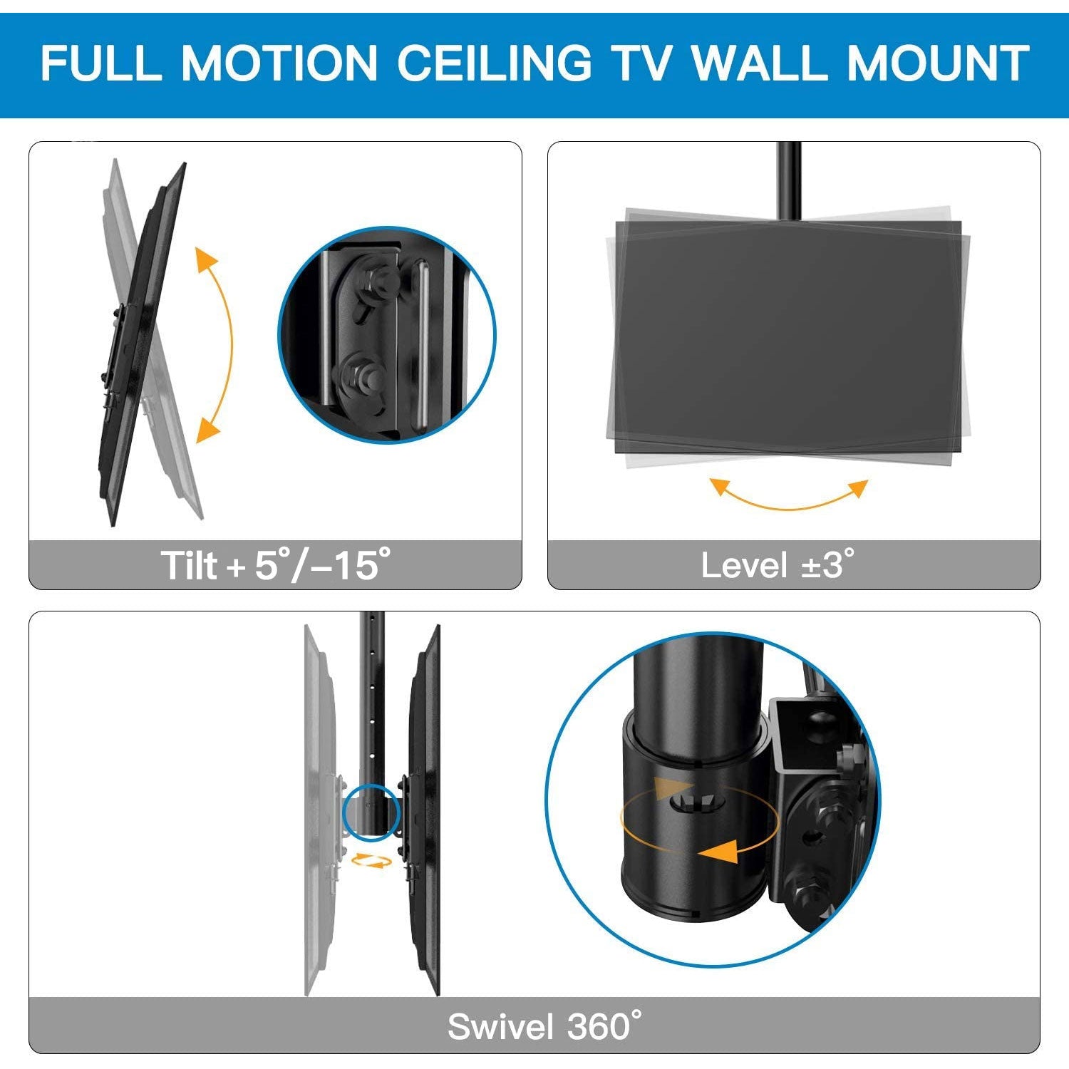 Multi-Adjustable Ceiling TV Mount For 26